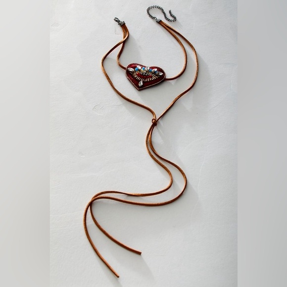 Free People Isla Choker Faux Suede Rhinestones Beads Color Red Cocoa - Picture 3 of 5
